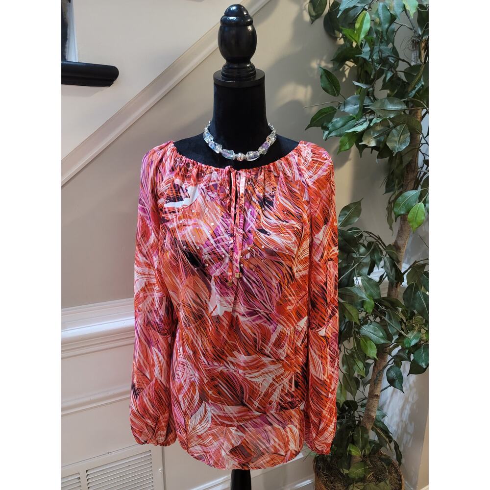 Jennifer Lopez Blouse Women's 2X Multi Floral Tie Boat Neck Raglan Sleeve Casual